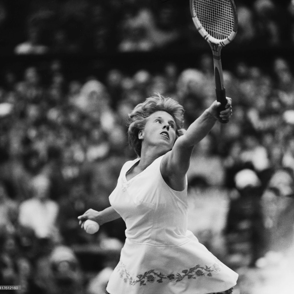 British tennis player Ann Haydon in action during her Women's Singles semifinal match of the 1962 Wimbledon Championships, held at the All England Lawn Tennis and Croquet Club in London, England, 5th July 1962. Haydon lost the match 6-8, 1-6 to the USA's Karen Susman. (Photo by Evening Standard/Hulton Archive/Getty Images)