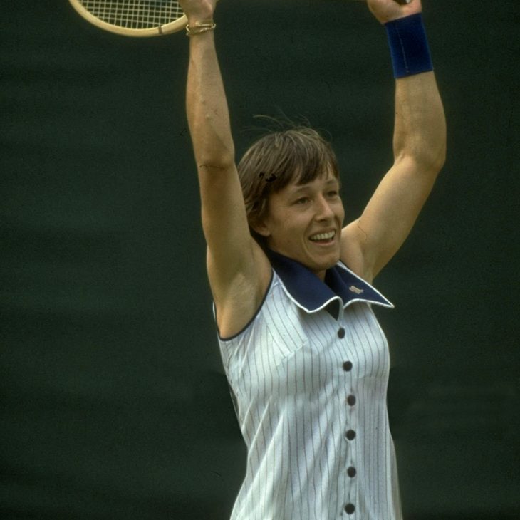 Jul 1978:  Martina Navratilova of the USA raises her arms aloft as she wins a match during the Lawn Tennis Championships at Wimbledon in London.  Mandatory Credit: Tony  Duffy/Allsport